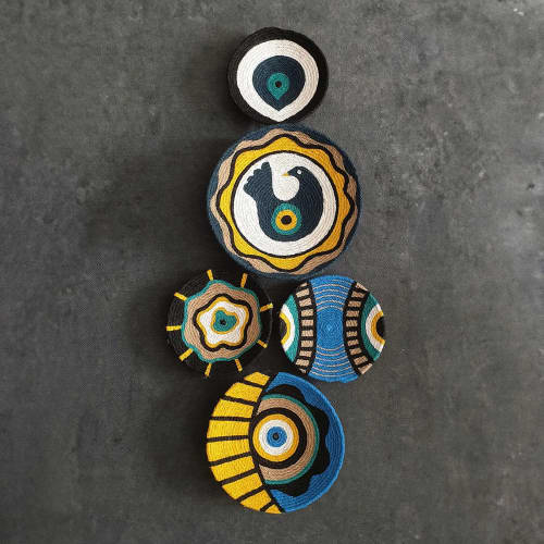5 Pieces Of Evil Eye Bead Wall Plate, Blue Wall Plates | Ornament in Decorative Objects by Sarmal Design. Item made of cotton with synthetic works with boho & contemporary style
