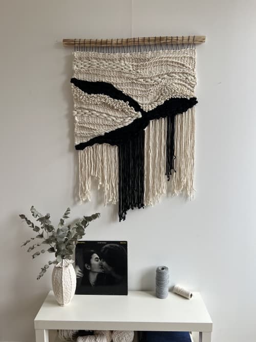 Wall Tapestry "Contrast in Motion" | Wall Sculpture in Wall Hangings by Tissage Sauvage. Item composed of wood and cotton in boho or minimalism style