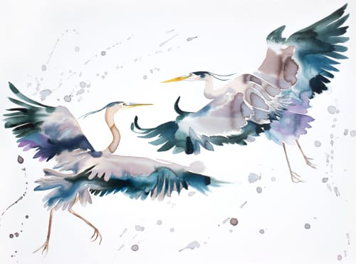 Herons in Flight No. 8 : Original Watercolor Painting | Paintings by Elizabeth Becker. Item composed of canvas in minimalism or contemporary style
