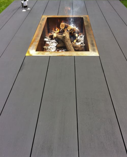 Low, XXL outdoor table with open fire pit. | Picnic Table in Tables by Craft-B. Item composed of wood and metal