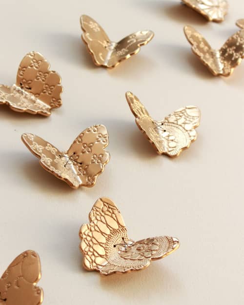 Gold Porcelain Butterflies Original Sculpture Wall Art | Wall Sculpture in Wall Hangings by Elizabeth Prince Ceramics. Item composed of ceramic in japandi or eclectic & maximalism style