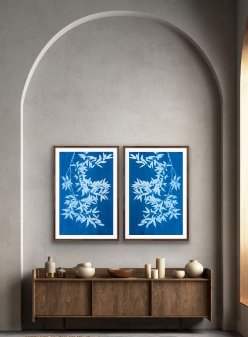 Bay Laurel Diptych: Two 40 x 26" original cyanotypes/ 40x52" | Photography by Christine So. Item composed of paper in boho or japandi style