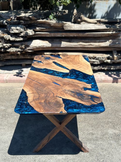 Walnut Blue Epoxy Resin Dining Table - Live Edge Resin Table | Tables by Tinella Wood. Item composed of oak wood compatible with minimalism and art deco style