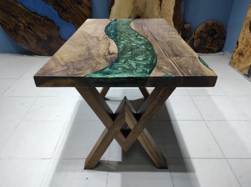 Custom Order Natural Walnut Green Epoxy Dining Table | Tables by LuxuryEpoxyFurniture. Item made of wood & synthetic