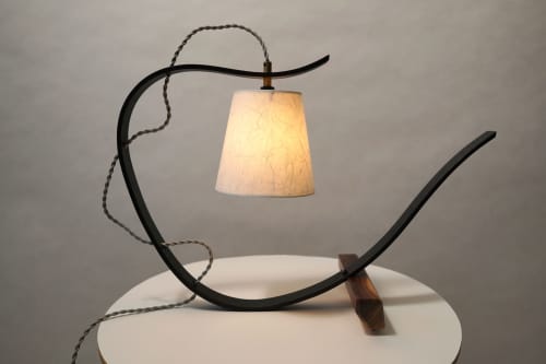 Bent Table Lamp in Ebonized Oak with Walnut Base | Lamps by Geoff McKonly Furniture. Item made of oak wood works with mid century modern & japandi style