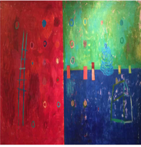 Red, Green, Blue (Mantel) | Oil And Acrylic Painting in Paintings by Pam (Pamela) Smilow. Item composed of canvas and synthetic