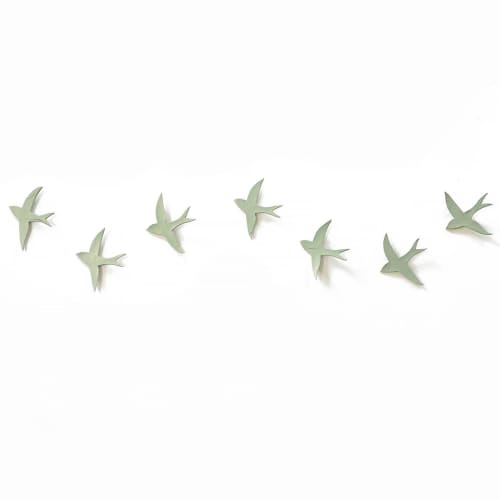 Set Of 7 Wall Art Swallows Sage Green | Wall Sculpture in Wall Hangings by Elizabeth Prince Ceramics. Item composed of stoneware in minimalism or mid century modern style
