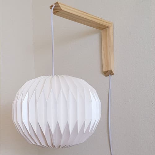 Sphere M + L shape sconce - modern wall lamp + origami shade | Sconces by Studio Pleat. Item made of wood with paper works with minimalism & contemporary style