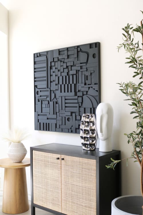 Abstract Geometric Wood Art, Modern Wood Art, Black Texture | Mosaic in Art & Wall Decor by Blank Space Studios. Item composed of oak wood in mid century modern or contemporary style