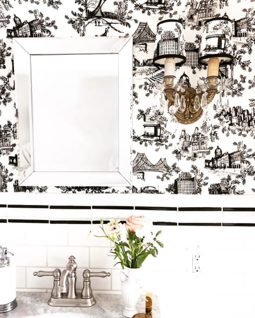 Toile de Ville Wallpaper in St. Denis Black & Toile de Ville Sconces | Wall Treatments by Mezari Atelier & Boutique. Item made of paper