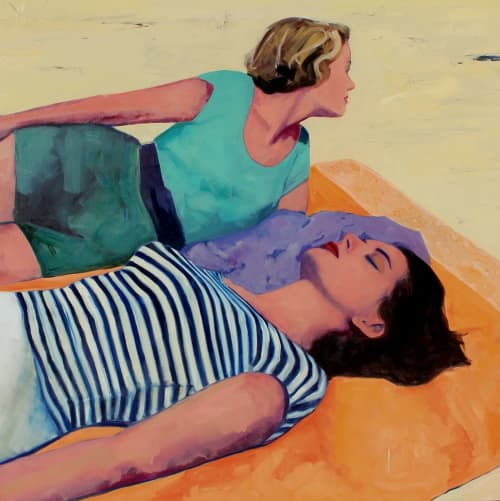 'Friends at the Beach', 48'x48", original oil painting | Oil And Acrylic Painting in Paintings by T.S. Harris aka Tracey Sylvester Harris | Delta Sky Club in Los Angeles. Item made of synthetic