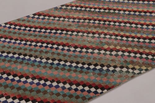 Vintage Distressed Rug with Muted Geometric Diamond Mosaic | Area Rug in Rugs by Rug and Kilim