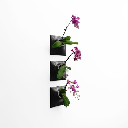Node M Wall Planter, 9" Modern Plant Wall Set, Black | Sculptures by Pandemic Design Studio. Item composed of stoneware in minimalism or mid century modern style