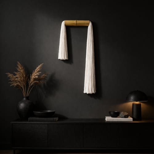 White tassels / Bamboo Collection | Wall Sculpture in Wall Hangings by Olivia Fiber Art. Item made of bamboo with wool works with minimalism & mid century modern style