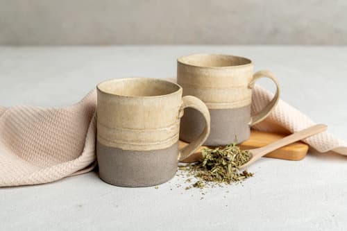 Cream-Beige & Gray Stoneware Handmade Tea Mug Set | Cup in Drinkware by ShellyClayspot. Item made of ceramic compatible with modern and rustic style