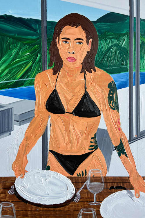 Woman in Black Bikini | Oil And Acrylic Painting in Paintings by Berezart. Item made of canvas compatible with contemporary and mediterranean style