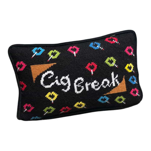 hand-embroidered needlepoint CIG BREAK pillow * OOAK | Pillows by Mommani Threads. Item made of wool works with contemporary & eclectic & maximalism style