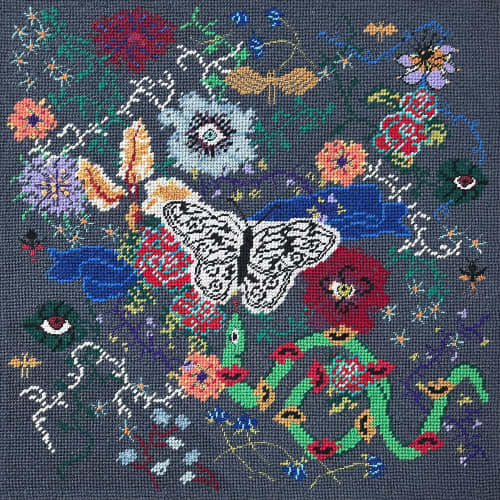 hand-embroidered needlepoint NIGHTSWIMMING canvas, ooak | Embroidery in Wall Hangings by Mommani Threads. Item made of wool compatible with contemporary and eclectic & maximalism style