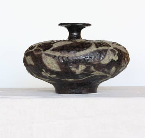 Stout Noir Vessel with Vine and Floral detail | Vases & Vessels by Twinette Poterie. Item composed of ceramic compatible with contemporary and modern style