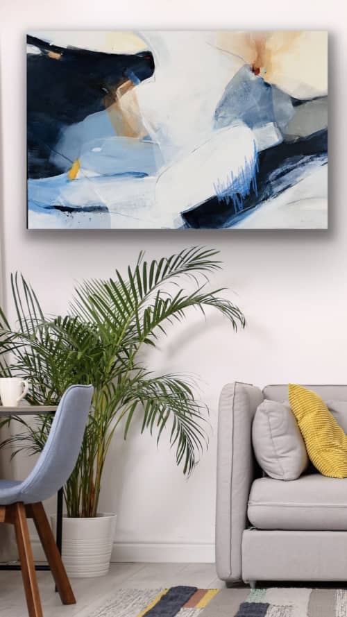 Blue and White Abstract Painting on Canvas | Mixed Media by Arohika Verma. Item composed of canvas in minimalism or mid century modern style