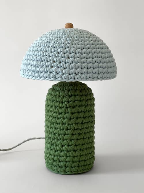 The Knitty Table Lamp in Grass Green and Robin's Egg Blue | Lamps by Meg Morrison | By Jacqui Photography in Richmond. Item made of fabric with ceramic works with boho & mid century modern style