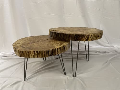 Live edge round slab two tiered coffee table | Tables by J Langos Wood Shop. Item made of oak wood with metal works with rustic style