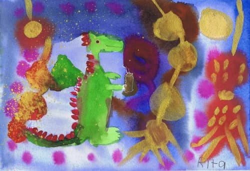 Moon the Dragon - Original Watercolor | Watercolor Painting in Paintings by Rita Winkler - "My Art, My Shop" (original watercolors by artist with Down syndrome). Item made of paper works with contemporary & modern style