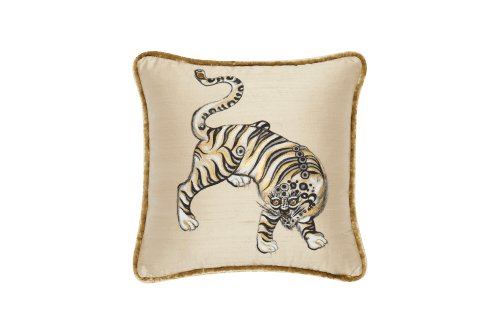 Tiger Hand Painted Pillow On Silk | Cushion in Pillows by ALPAQ STUDIO. Item composed of fabric in minimalism or contemporary style