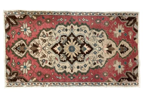 Vintage Turkish rug doormat | 1.9 x 2.11 | Small Rug in Rugs by Vintage Loomz. Item made of wool works with boho & mid century modern style