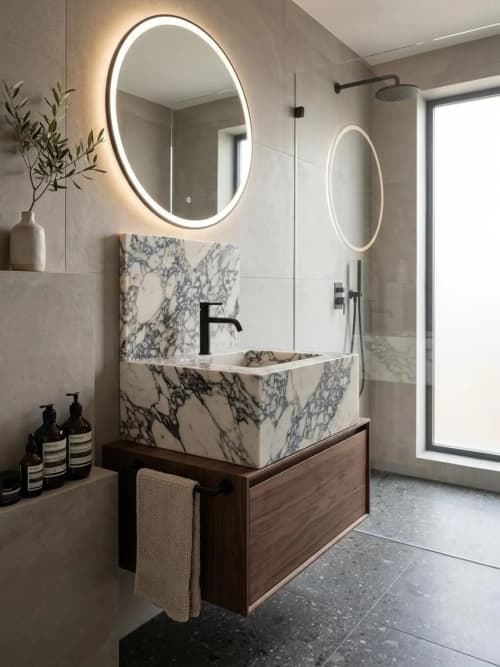 Calacatta Viola Marble Sink: Hand-Carved Bathroom | Hardware by Babil Stone. Item composed of marble in art deco style