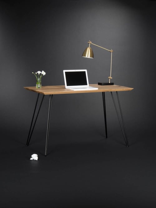 Solid wooden desk, modern table with metal hairpin legs by Mo Woodwork