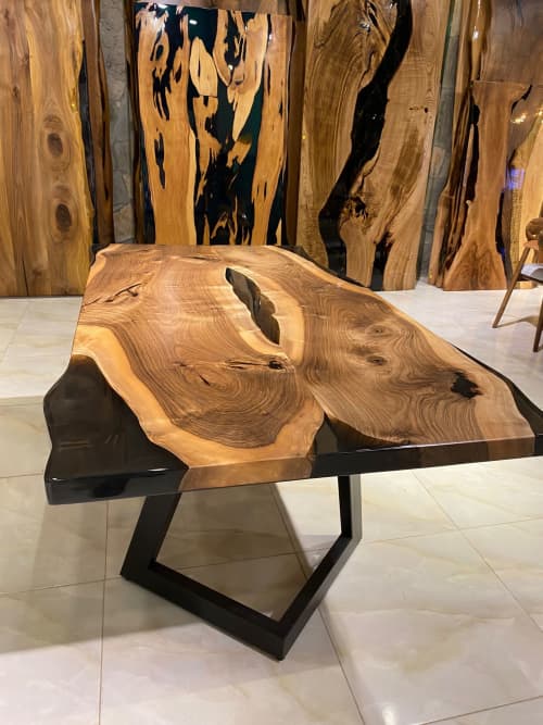 Live Edge Black  Epoxy  Resin Dining Table - In Stock | Tables by Gül Natural Furniture. Item made of wood with metal works with contemporary & country & farmhouse style