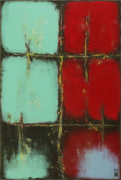 RED over Turquoise | Oil And Acrylic Painting in Paintings by Ronald Hunter. Item composed of canvas