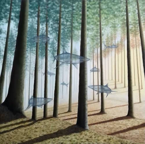 Sharks in the forest | Oil And Acrylic Painting in Paintings by John Ives. Item composed of canvas & synthetic