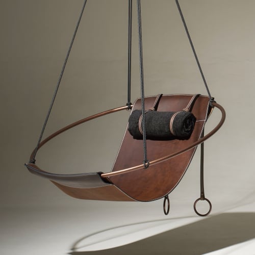 Studio Stirling Favorite Brown Sling Chair | Swing Chair in Chairs by Studio Stirling. Item made of steel with leather