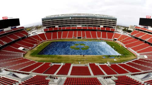 "Field of Jeans" | Public Sculptures by ANTLRE - Hannah Sitzer | Levi's Stadium in Santa Clara. Item made of synthetic