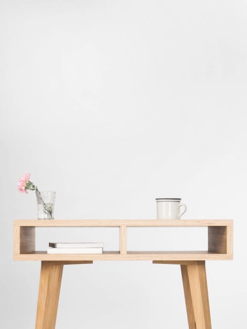 KUUB - Entryway table, hallway table, small desk open shelf | Tables by Mo Woodwork. Item composed of oak wood in minimalism or mid century modern style
