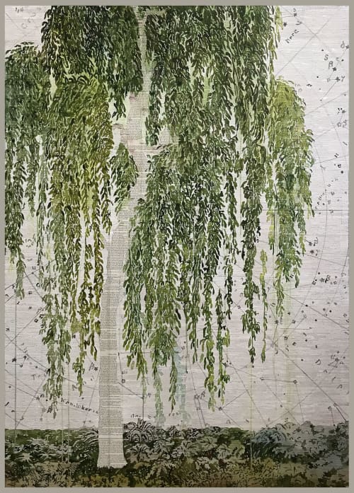 Weeping willow and constelations | Oil And Acrylic Painting in Paintings by Renee Bott. Item composed of canvas & synthetic compatible with contemporary and asian style