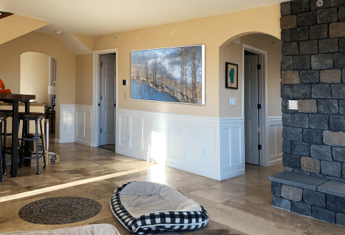 MOUNTAIN RETREAT 36X60 - MIXED MEDIA - wood panel | Mixed Media by Carolyn Johnson Coastal Art. Item made of wood