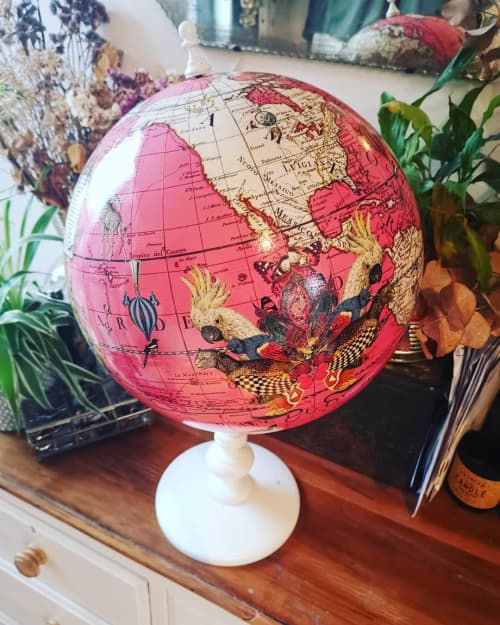 “World Map Globe Bright Pink Small” | Ornament in Decorative Objects by Kristjana S Williams. Item made of wood with synthetic