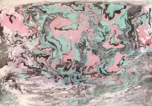 Minty Currents I Japanese Marbling I Ink on Cotton Paper | Mixed Media in Paintings by KMOK Art. Item made of wood with cotton works with boho & contemporary style