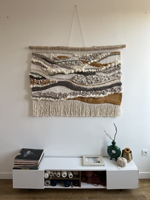 Weaving Tapestry from Wool and Cotton "New Beginning" | Wall Hangings by Tissage Sauvage. Item made of wood with cotton