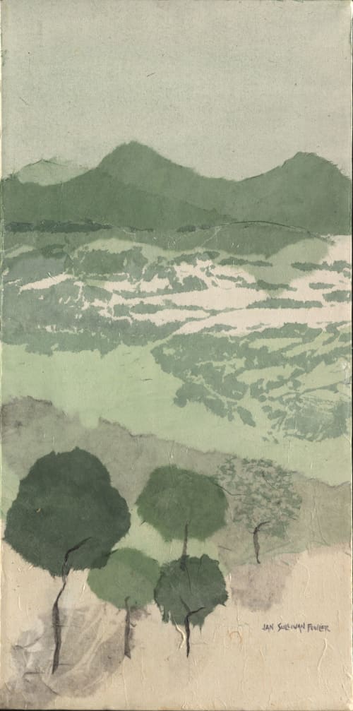 Mountains & Trees in Washi | Oil And Acrylic Painting in Paintings by Jan Sullivan Fowler. Item made of paper with synthetic