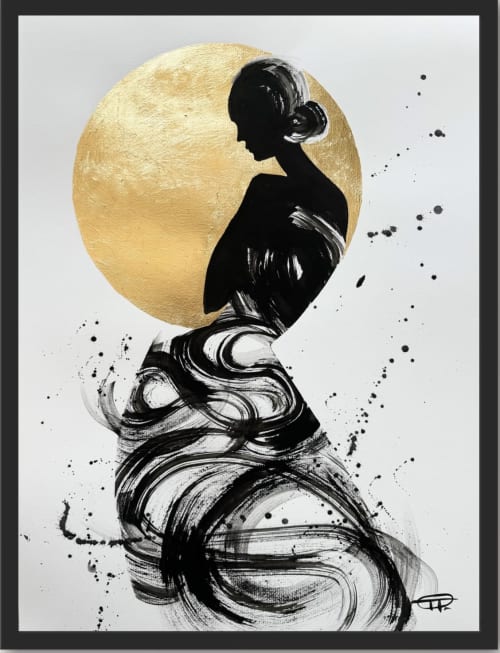 Painting gold art feminine figure | Mixed Media in Paintings by Oplyart. Item composed of paper in minimalism or mid century modern style