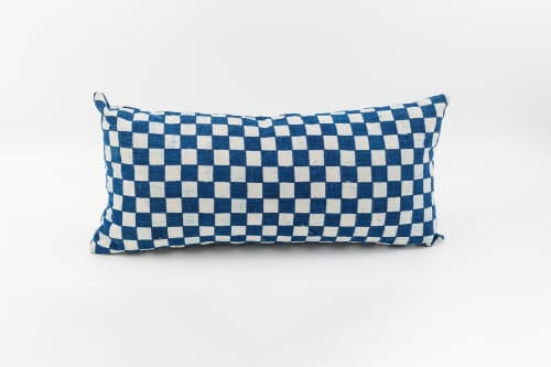 Antique Japanese Katazome Checkerboard Indigo Lumbar Pillow | Pillows by Peace & Thread. Item composed of cotton compatible with boho and japandi style