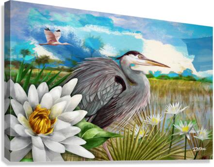 Palm Air Heron | Prints in Paintings by D.Friel / Connected By Water, LLC. Item made of canvas works with contemporary & coastal style