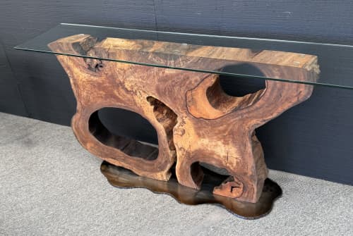 One of a kind Hawaiian mango live edge console table | Tables by Natural Wood Edge Creations by Rick Griggs. Item composed of wood and metal in contemporary style