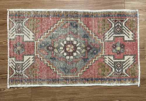 Vintage Hand-woven Turkish Rug Doormat| 1.9 x 2.11 | Small Rug in Rugs by Wool and Rug. Item composed of wool in boho or contemporary style
