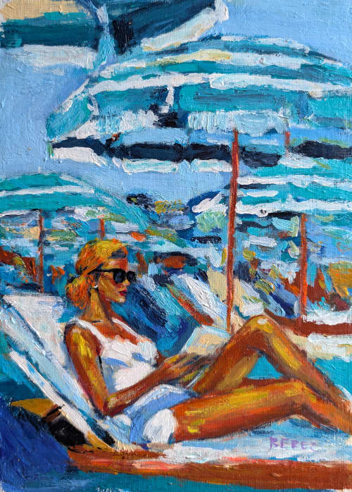 Sun, Stripes & Sea | Oil And Acrylic Painting in Paintings by Berezart. Item composed of canvas in contemporary or mediterranean style