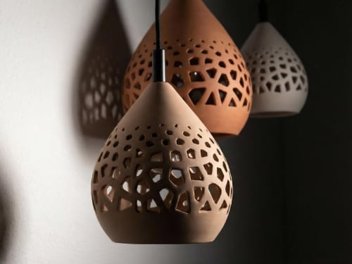 Naaya Cepa Coral 20” Handmade Ceramic Gobo Pendant Light | Pendants by Naaya Studio. Item made of brass & stoneware compatible with minimalism and contemporary style